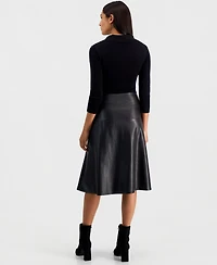 T Tahari Women's Faux-Leather-Skirt Split-Collar 3/4-Sleeve Dress
