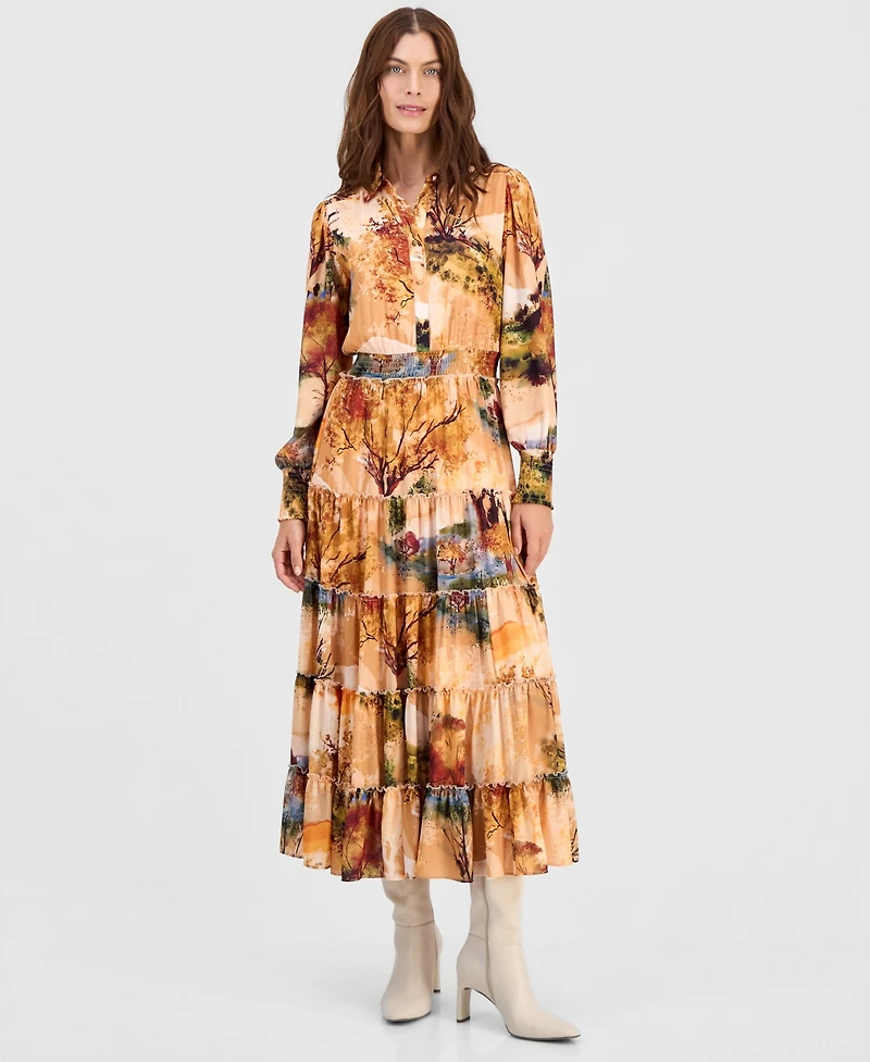 T Tahari Women's Printed Smocked-Waist Ruffle-Tiered Dress