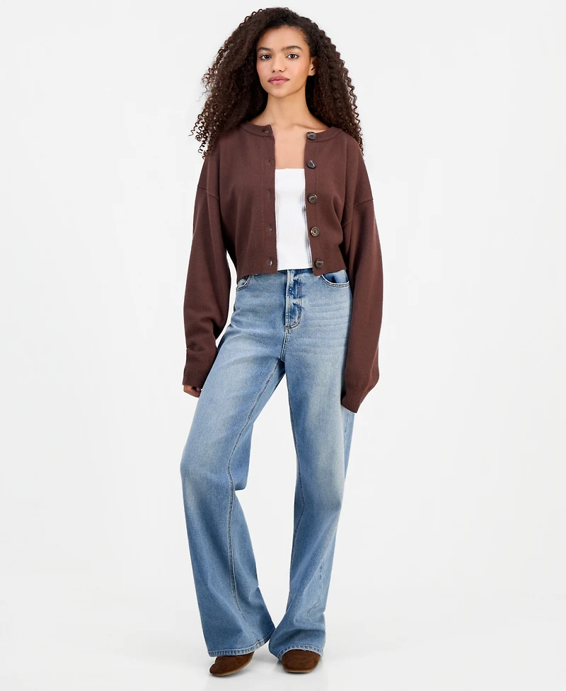 Pink Rose Juniors' Crewneck Cropped Cardigan
