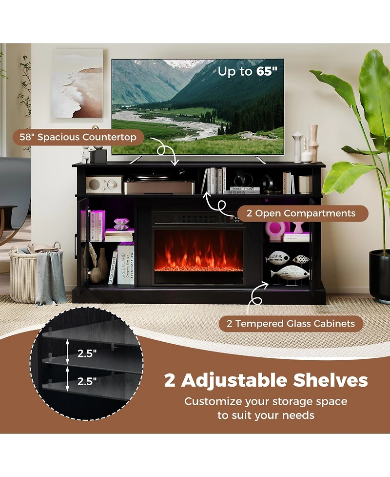 Slickblue Modern Fireplace Tv Stand with Storage Cabinets and Led Lighting
