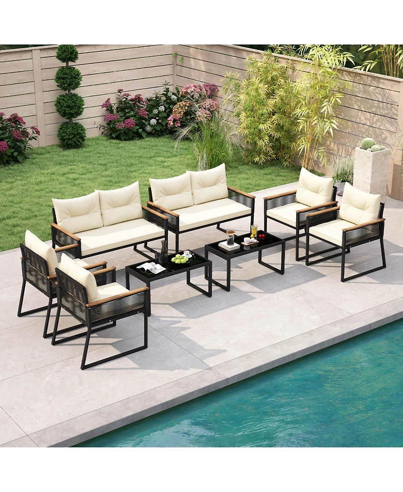 Costway Patio Furniture Set with Tempered Glass Coffee Table Pe Wicker Rattan Chairs