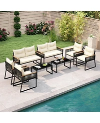 Costway Patio Furniture Set with Tempered Glass Coffee Table Pe Wicker Rattan Chairs