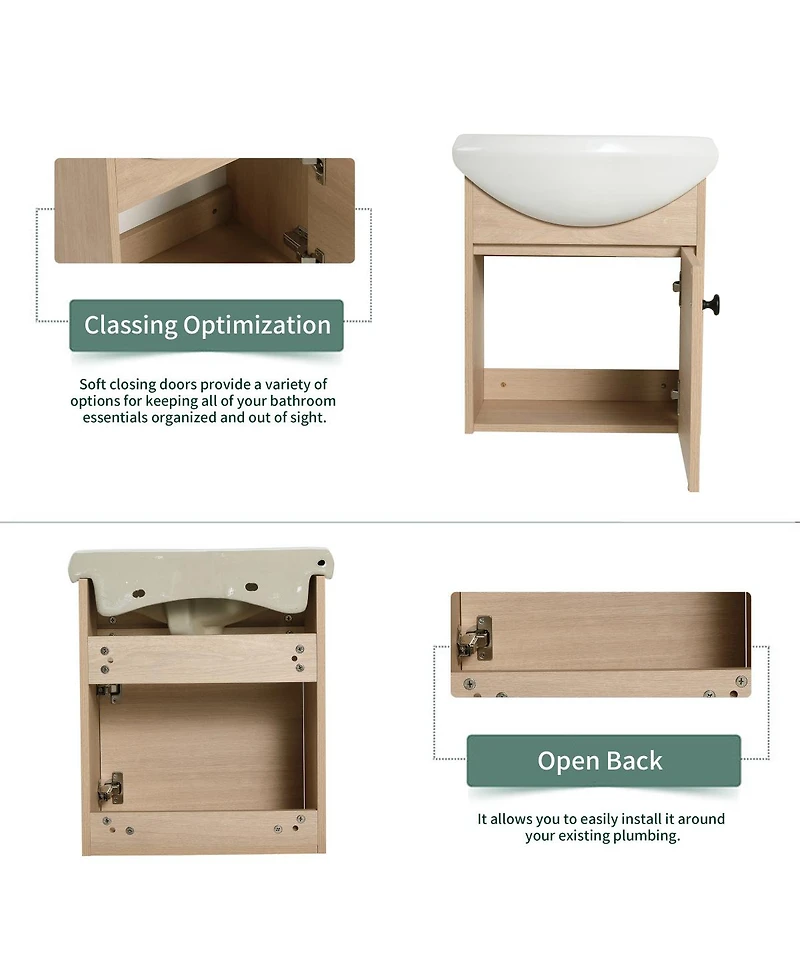Sillysis 18 Inch Floating Bathroom Vanity with Ceramic Sink, Soft Close Door, Modern Plywood Cabinet for Small Spaces