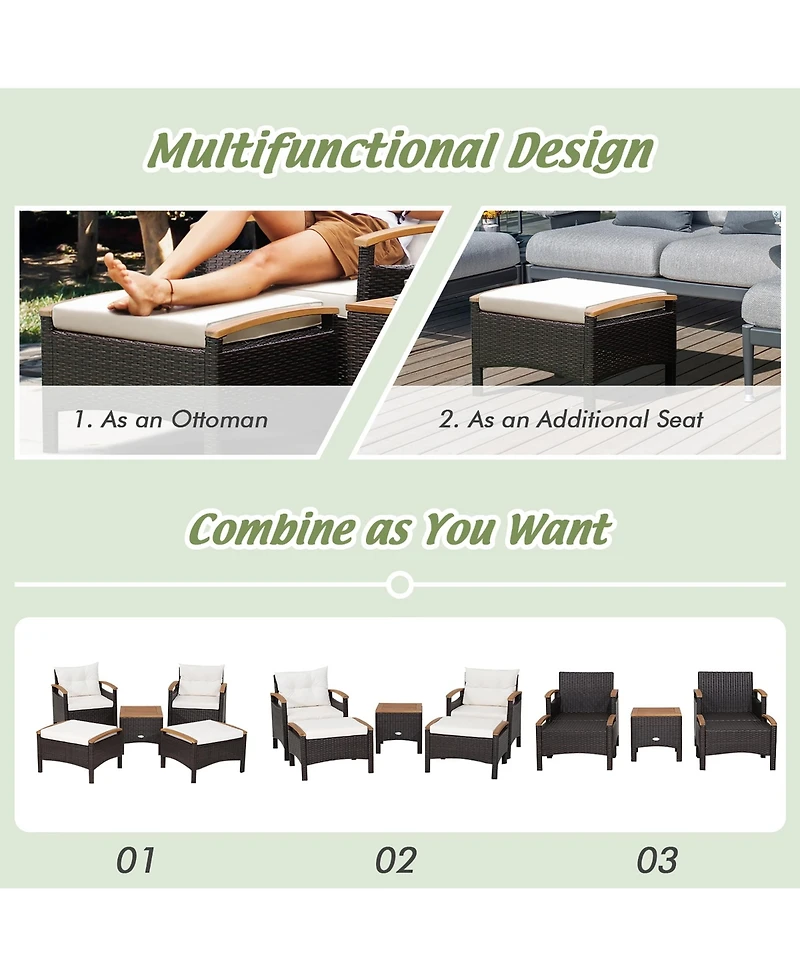 Costway 5Pieces Patio Rattan Furniture Set Sofa Ottoman Cushioned Table Wood Top