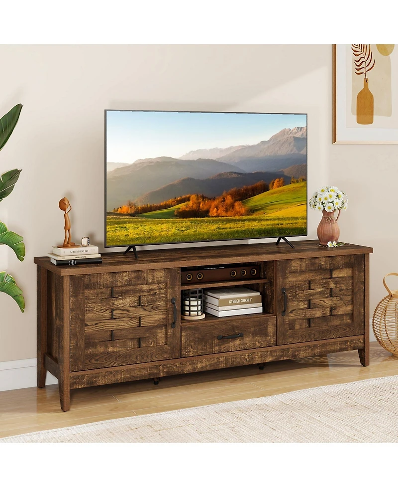 Slickblue Farmhouse Tv Stand for 65" TVs with 2 Woven Doors and Shelves