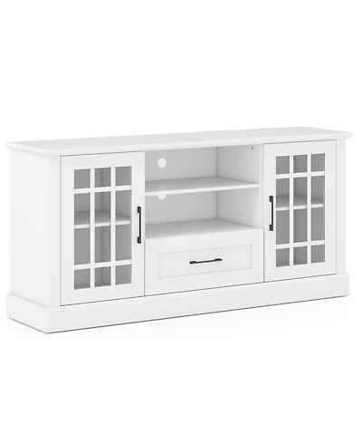 Slickblue Modern Tv Stand with Drawer and Glass Cabinet Doors