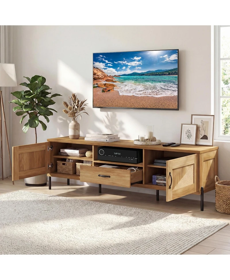 Slickblue Mid-Century Modern Rattan Tv Stand with 2 Storage Cabinets