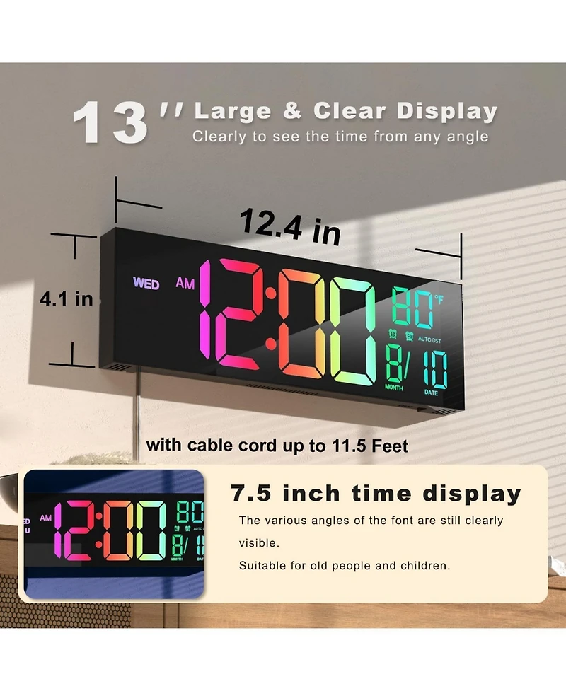 Jall 13 Inch Large Digital Wall Clock with Big Led Countdown Timer Alarm Auto Dst Temperature Night Light or Desktop