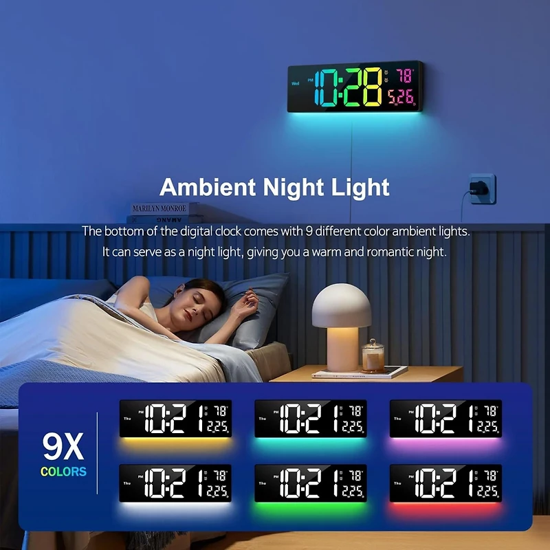Neewer Digital Wall Clock 16", Wall Clock with 11 Rgb Colors, Alarm Clock with Night Lights, Large Digital Clock for Living Room Bedroom Office