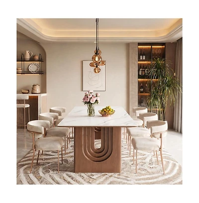 Tribesigns 63'' Sintered Stone Dining Table, Solid Wood Double Pedestal Farmhouse Table Seats 6