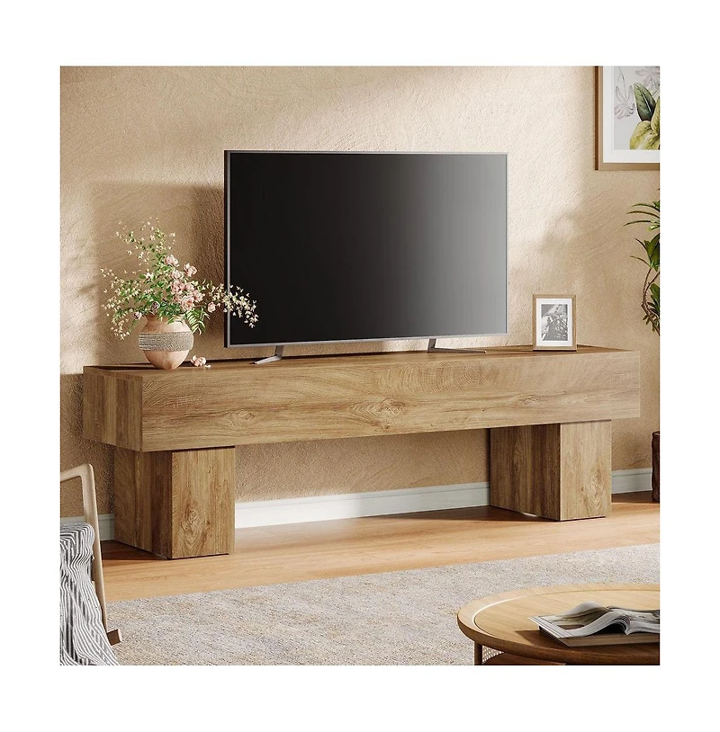 Tribesigns Ezlynn Brown Tv Stand Fits Tvs up to 55 to 65 in. TV, 3-Tier Farmhouse Console Table with Stripe Design for Living Room