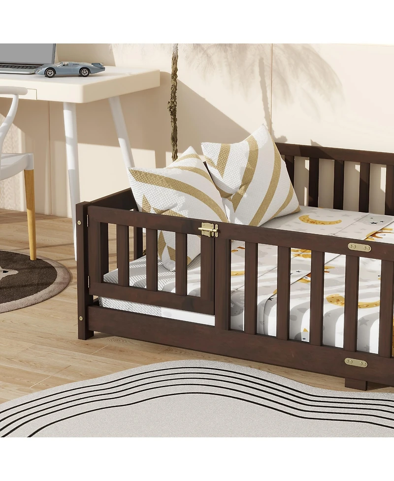 Sailvan Full Floor Bed with Fence and Door, Solid Rubber Wood Kids Platform Frame