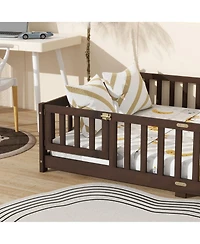 Sailvan Full Floor Bed with Fence and Door, Solid Rubber Wood Kids Platform Frame