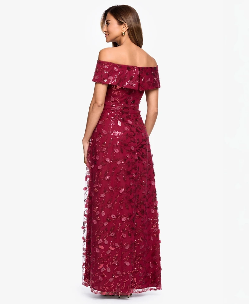 Xscape Women's Off-The-Shoulder 3D Embroidered Mesh Ball Gown