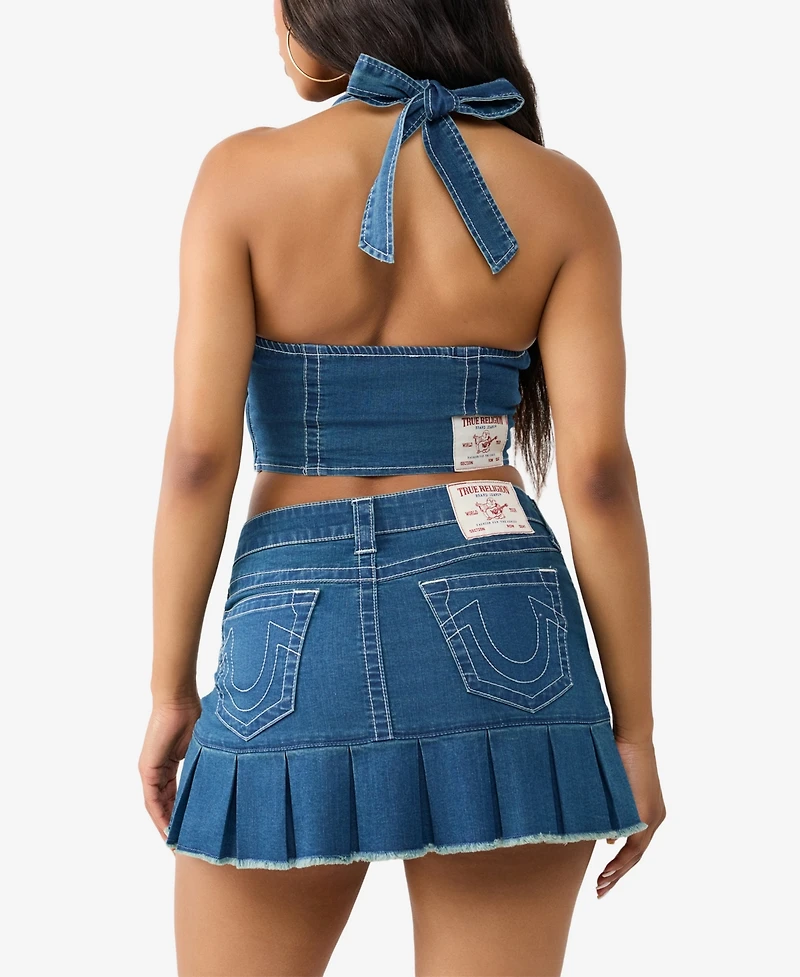 True Religion Women's Crystsl Horseshoe Denim Halter Top