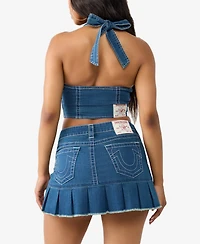 True Religion Women's Crystsl Horseshoe Denim Halter Top