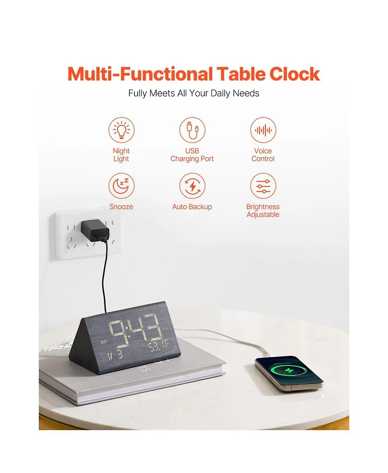 Neewer Digital Alarm Clock, Wooden Desk Clock with Dual Alarm, Usb Port, Snooze, Night Light, Voice Control, Adjustable Volume, Bedside Desktop Clock