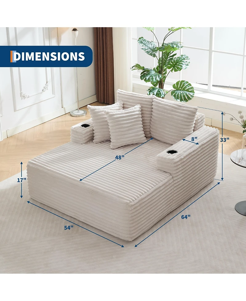 gaomon 64-inch Oversized Corduroy Frameless Sofa Bed, Cloud Sofa with Cup Holders and Throw Pillows, Perfect for Apartments, Living Rooms and Bedrooms