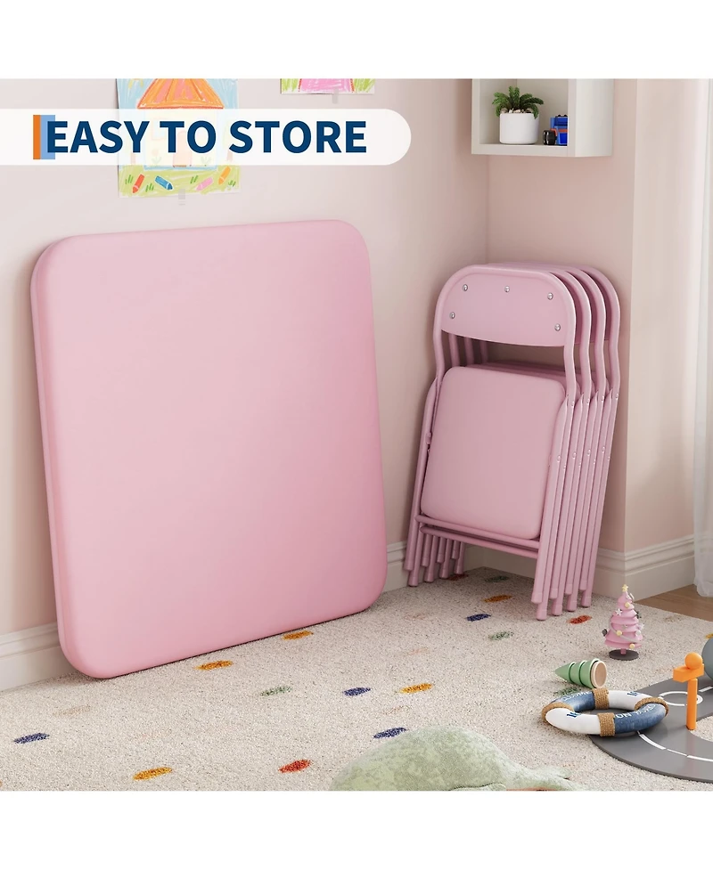 homfan Kids Folding Table and Chairs Set, 23.8 Inch Square Table with Pu Cushion and Metal Frame for Playroom or Bedroom