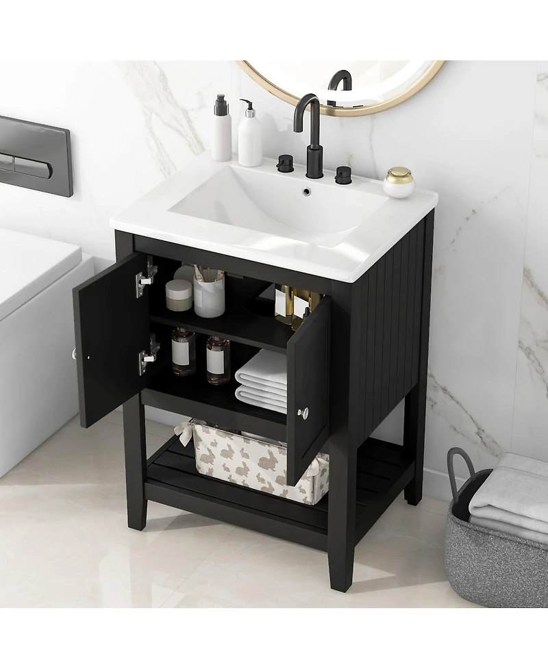 Sillysis 24 Inch Modern Freestanding Bathroom Vanity with Semilune Ceramic Sink, Solid Wood Frame and Open Shelf Storage