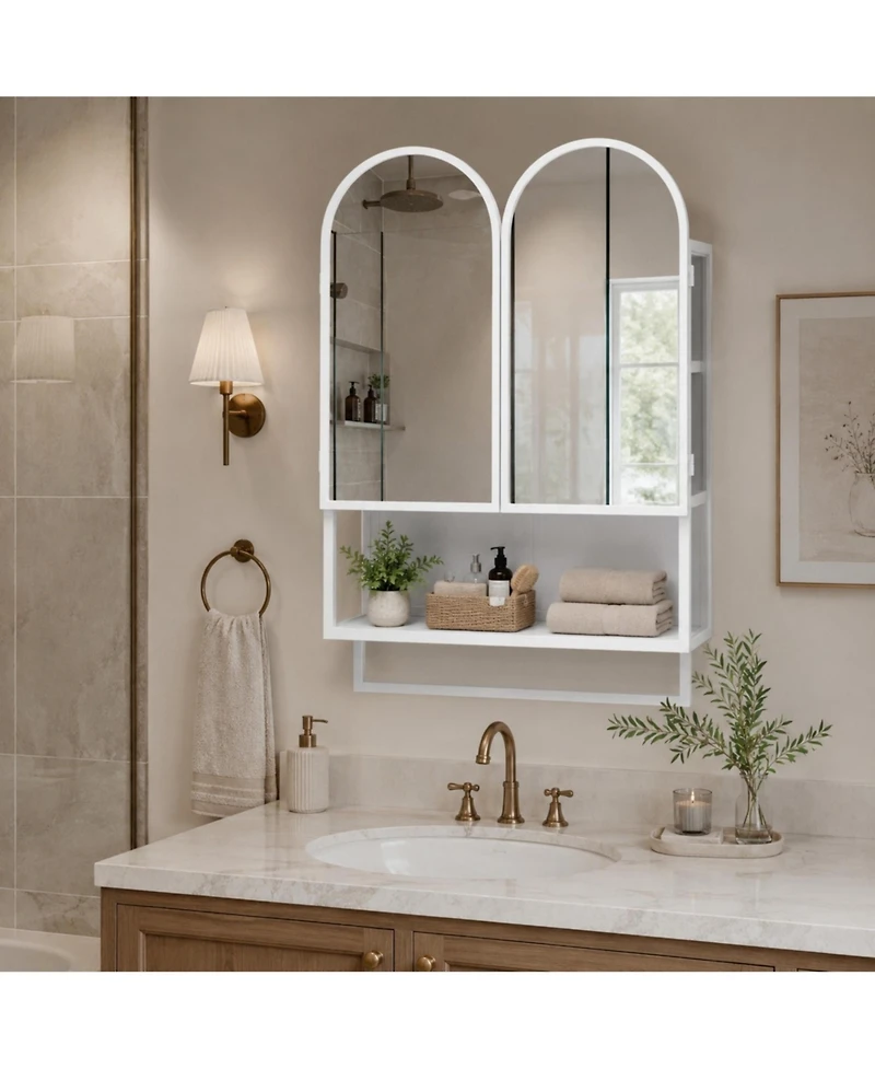 Phying 23.62 Inch Double-Arched Mirror Cabinet Modern 2-Door Metal Medicine Cabinet Wall Mounted Storage Cabinet