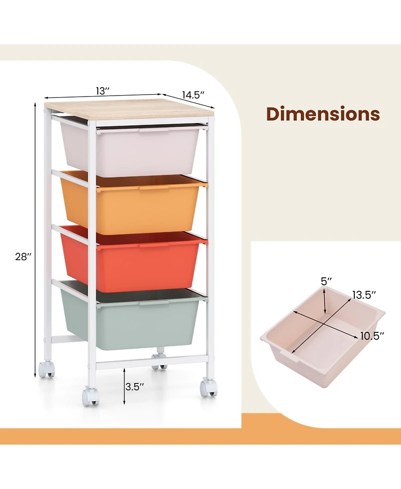 4-Drawer Storage Cart on Wheels with Wooden Top for Home or Office
