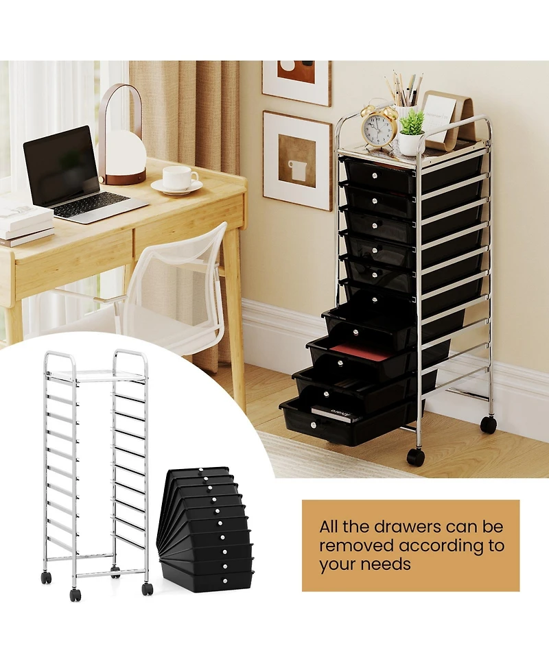 Slickblue Rolling Organizer Cart with 10 Drawers, Metal Frame and Universal Wheels