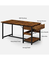 homfan Space Saving Dining Table Set for 4 Modern Table with 2 Pu Leather Benches, Storage Drawers and Wine Rack