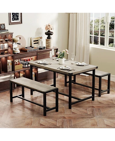 homfan 4-Piece Space Saving Dining Set, Sturdy Engineered Wood Metal Frame Bench Set Easy Care Home Dining Furniture