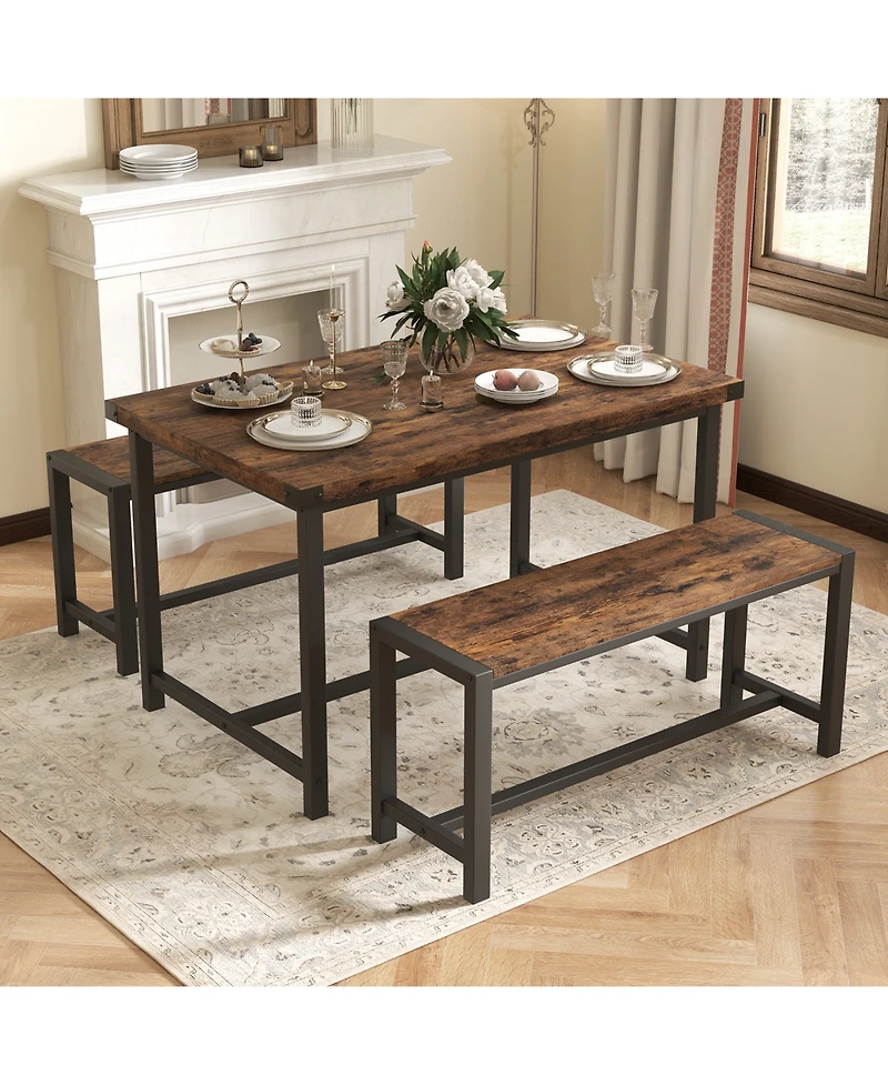 homfan 4-Piece Space Saving Dining Set, Sturdy Engineered Wood Metal Frame Bench Set Easy Care Home Furniture