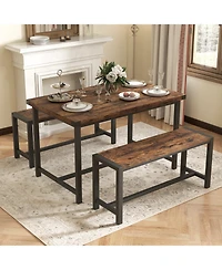 homfan 4-Piece Space Saving Dining Set, Sturdy Engineered Wood Metal Frame Bench Set Easy Care Home Furniture