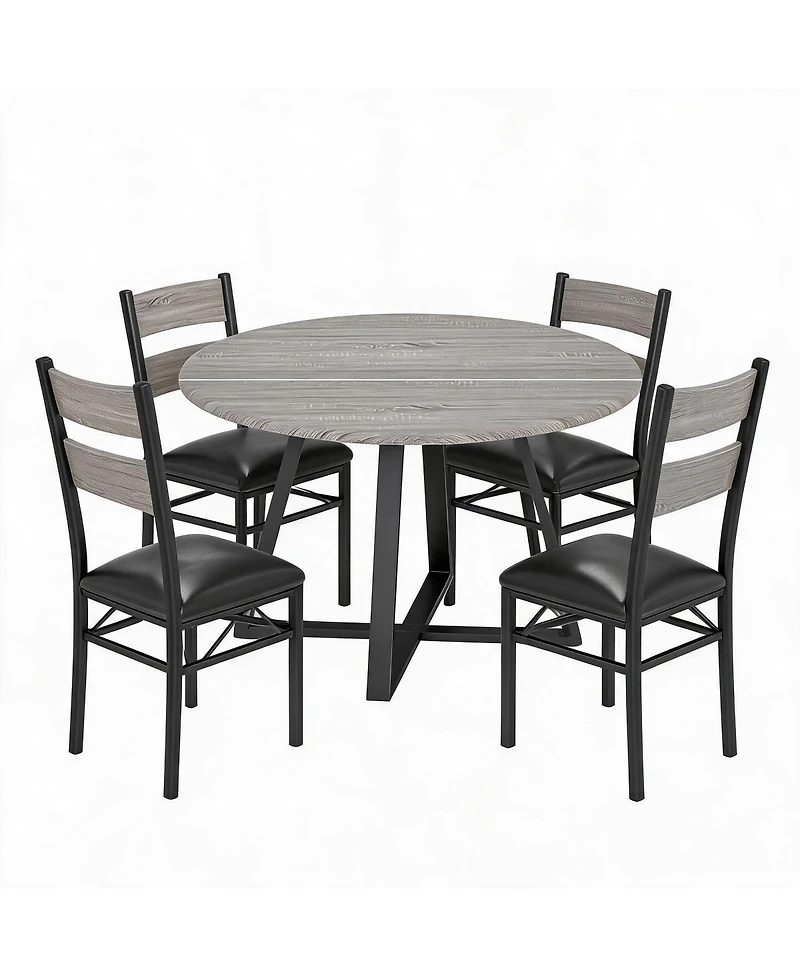 homfan 5-Piece Round Dining Set for 4 Sturdy Wooden Table and 4 Upholstered Chairs, Space-Saving Design for Apartments and Small Dining Rooms