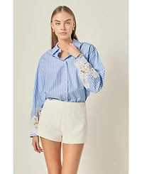 English Factory Women's Oversized Lace Trim Stripe Shirt