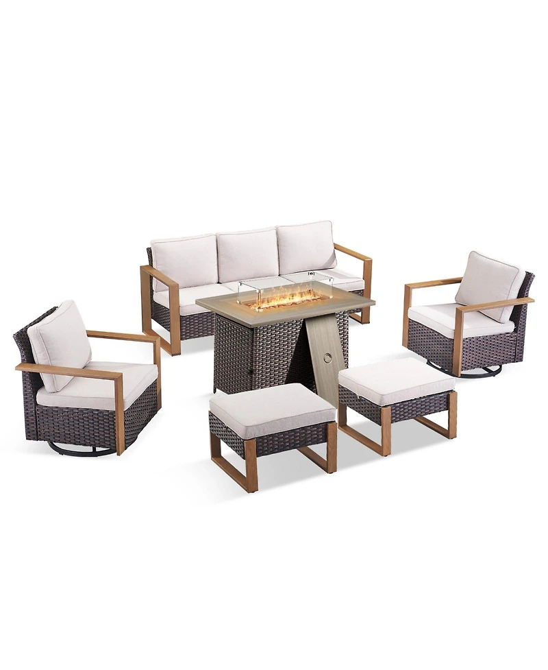 Pocassy 6 Pieces Patio Furniture Set, Outdoor Wicker Sofa Couch with Fire Pit Table, Ottomans and Cushions, All Weather Rattan Conversation Set