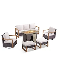 Pocassy 6 Pieces Patio Furniture Set, Outdoor Wicker Sofa Couch with Fire Pit Table, Ottomans and Cushions, All Weather Rattan Conversation Set