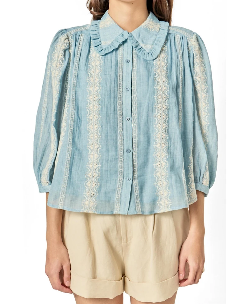 English Factory Women's Embroidered Ruffle Collar Blouse