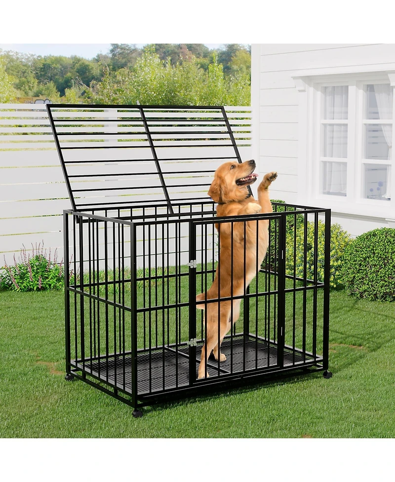 homfan Heavy Duty Dog Crate for Large Breeds, Steel Kennel with Locking Wheels