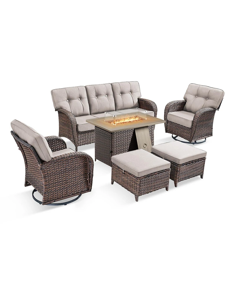Pocassy 6 Pieces Patio Furniture Set with Fire Pit High Back Outdoor Cushions Wicker Swivel Rocker Chairs