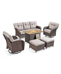 Pocassy 6 Pieces Patio Furniture Set with Fire Pit High Back Outdoor Cushions Wicker Swivel Rocker Chairs