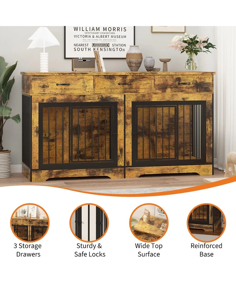homfan Spacious Dual Dog Crate Furniture for 2 Medium/Large Dogs, Heavy Duty Wooden Indoor Kennel with 3 Drawers, End Table and Tv Stand.