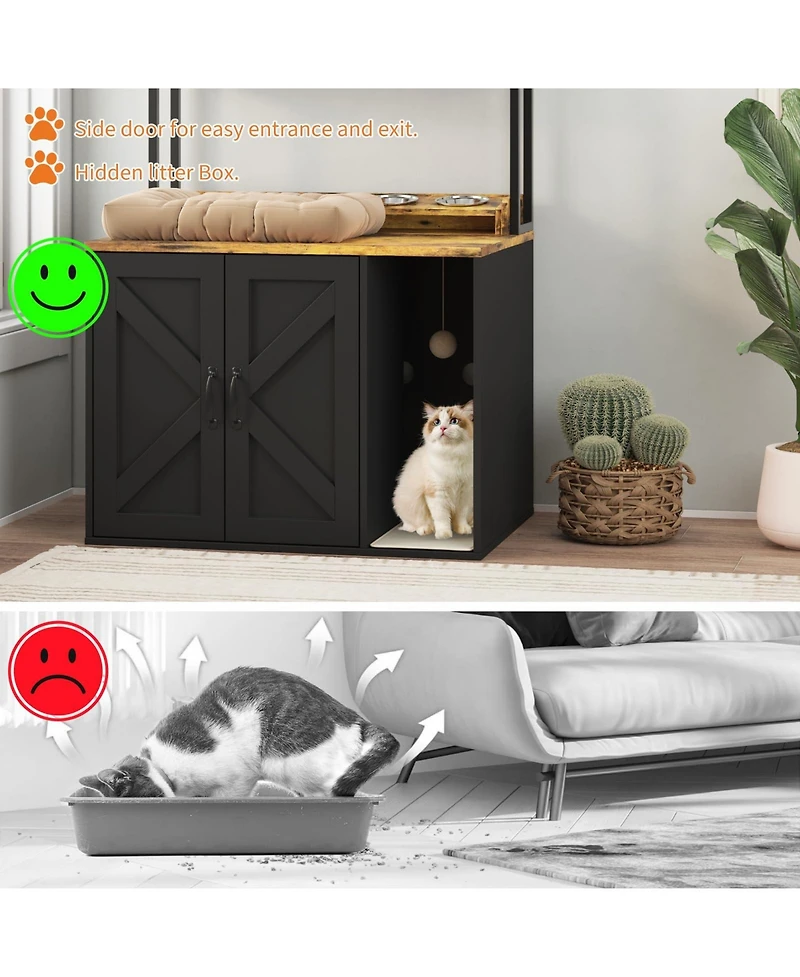 homfan Modern Wooden Cat Litter Box Enclosure Cabinet, Stylish Hidden House Furniture with Shelf, Discreet Cover.