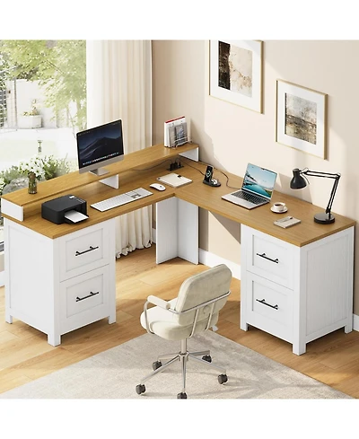 homfan 63" Executive L-Shaped Desk with 4 File Drawers, Monitor Stand and Power Outlets, Large Corner Computer Desk for Home Office, and Natural Color