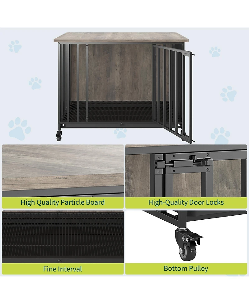 homfan Dog Crate Furniture with Removable Tray, Heavy-Duty Dog Cage with Lockable Wheels and Door, Wooden Kennel End Table for Small to Medium Breeds