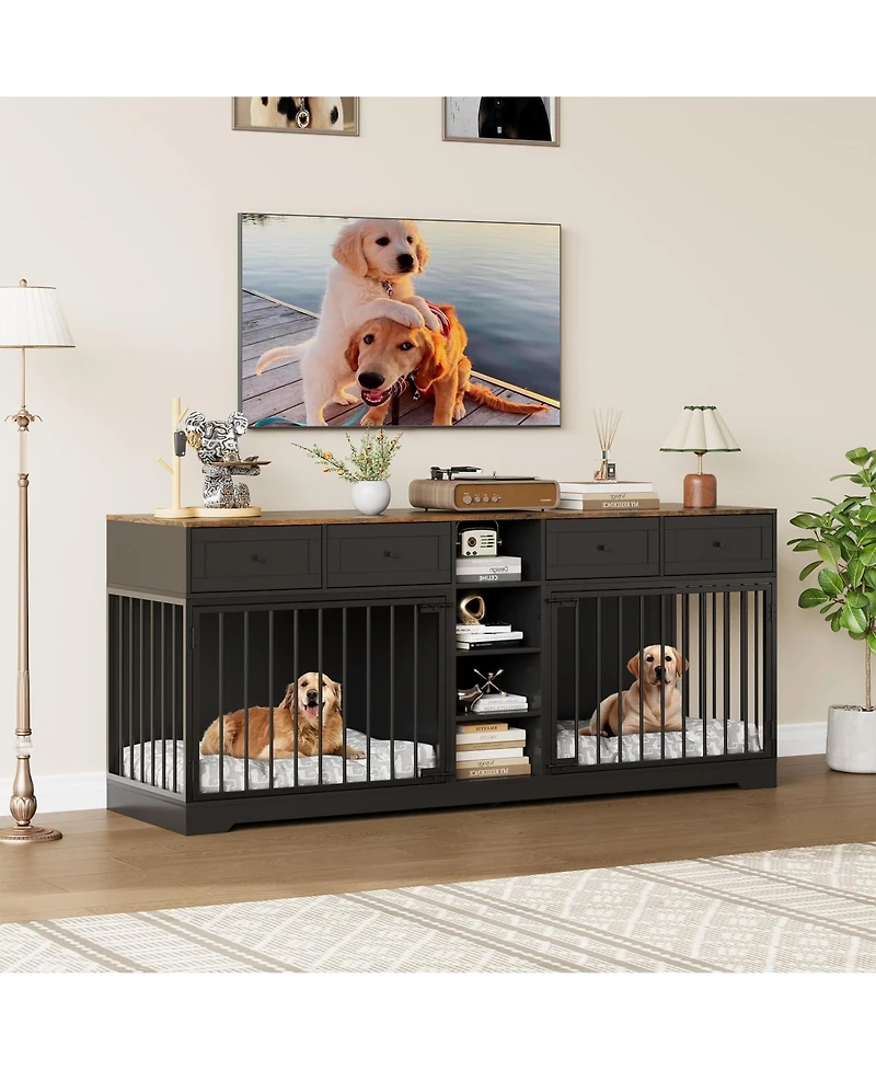 Large Double Dog Crate Furniture, Wooden Indoor Kennel with Divider, 4 Drawers and Shelves for Two Medium or Dogs