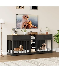 Large Double Dog Crate Furniture, Wooden Indoor Kennel with Divider, 4 Drawers and Shelves for Two Medium or Dogs