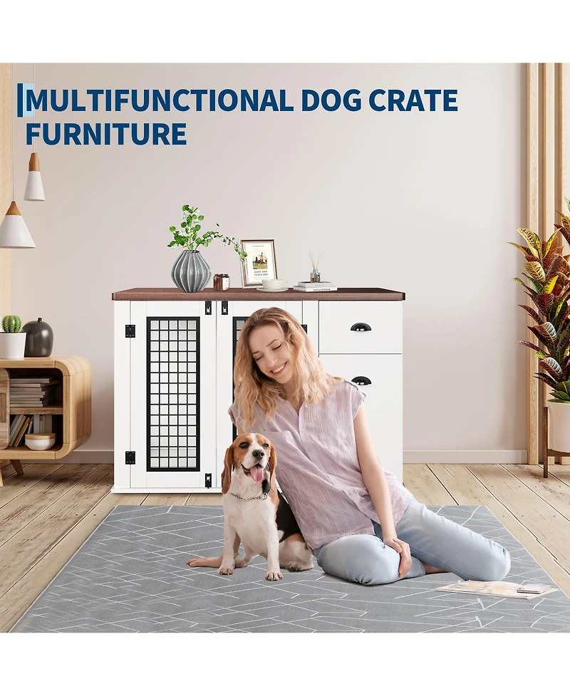 homfanDog Crate Furniture, 111 Inch Wooden Indoor Kennel End Table with Drawers and Side Cabinet for Medium Dogs