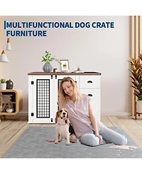 homfanDog Crate Furniture, 111 Inch Wooden Indoor Kennel End Table with Drawers and Side Cabinet for Medium Dogs