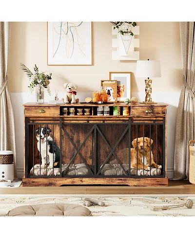 homfan Homfan Double Dog Crate Furniture with Divider, Sliding Doors, Drawers & Shelves for Large & Medium Dogs
