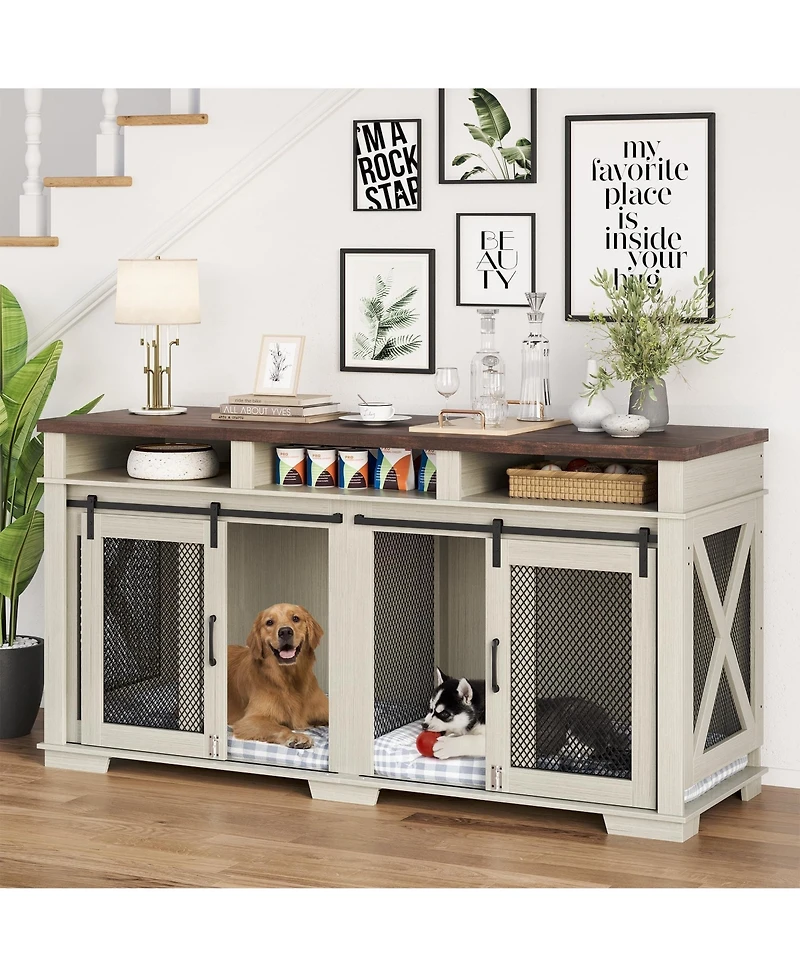 homfan Double Dog Crate Coffee Table Wooden Pet Kennel with 3 Storage Drawers and Sliding Barn Door for Large Dogs