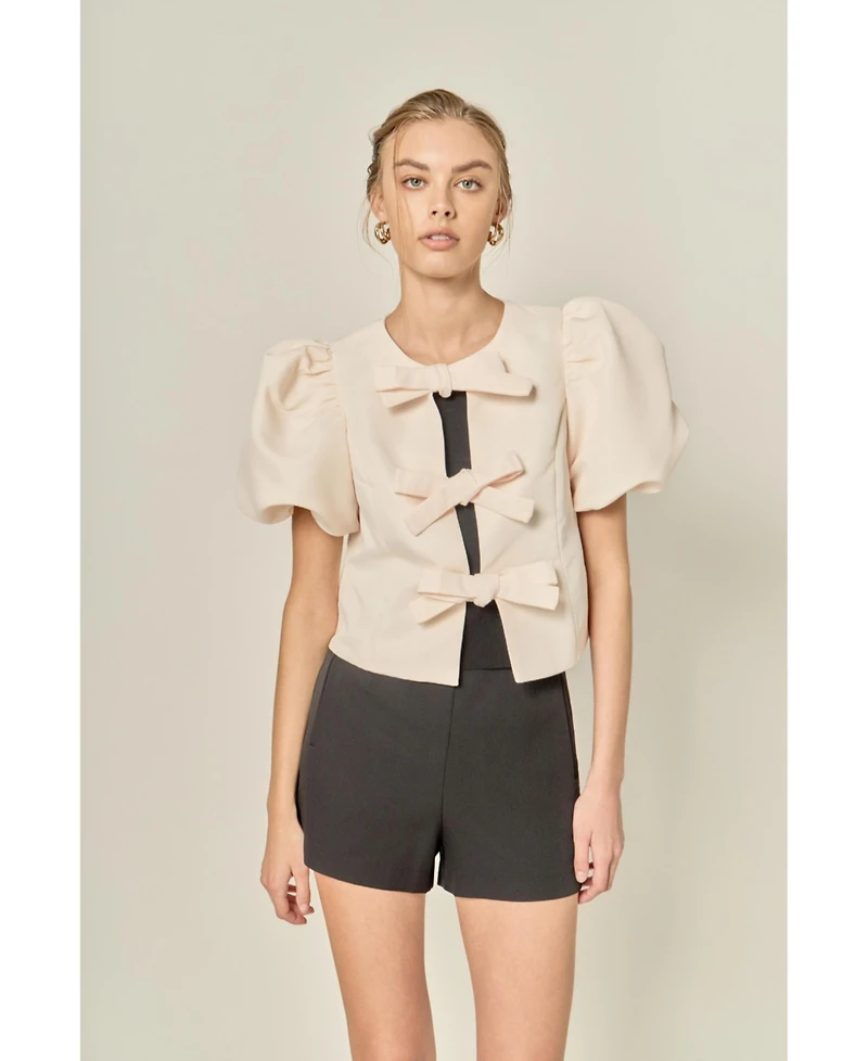 English Factory Women's Bow Detailed Puff Sleeve Top